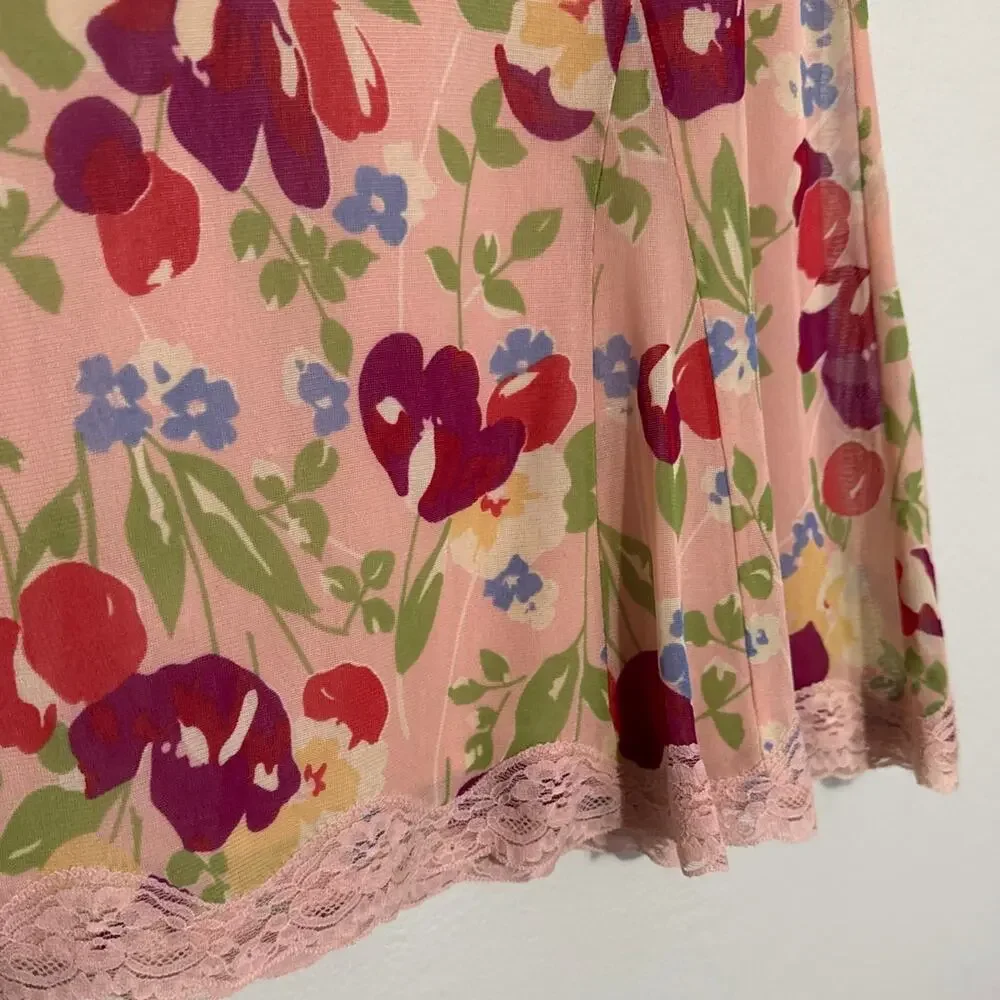 Womens Size S Vintage Y2K 90s Express Above the Knee Pink Floral Lace Trim Skirt